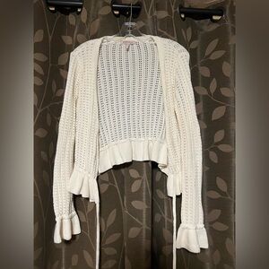 BCBGeneration Cream Open-Knit Ruffle-Cuff Cropped Cardigan
